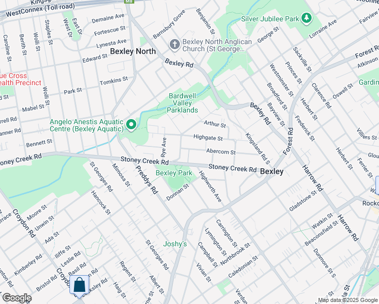 map of restaurants, bars, coffee shops, grocery stores, and more near 83 Abercorn Street in Bexley