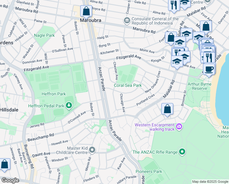 map of restaurants, bars, coffee shops, grocery stores, and more near 37 Chester Avenue in Maroubra