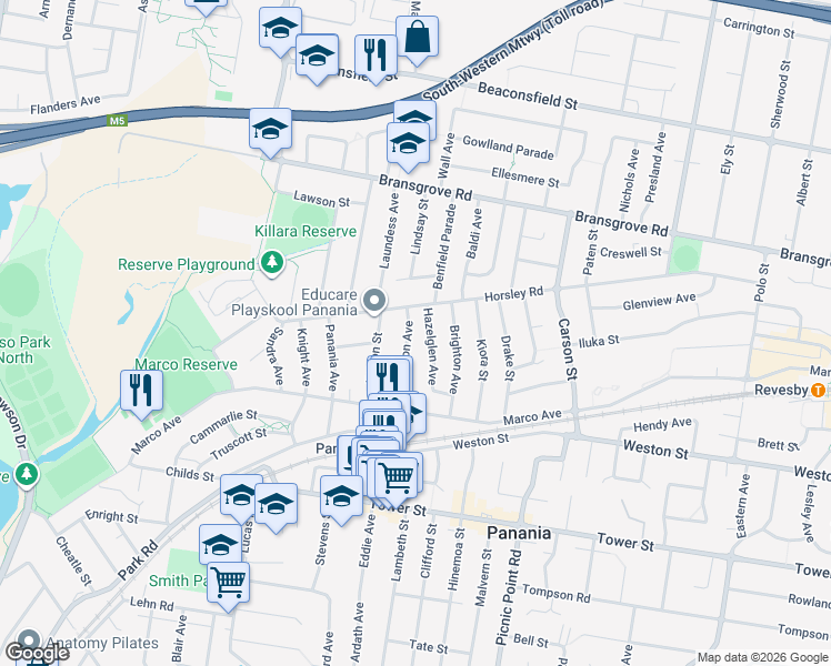map of restaurants, bars, coffee shops, grocery stores, and more near 5 Anderson Avenue in Panania
