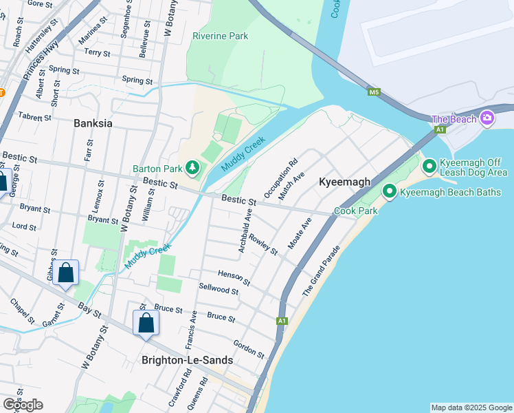 map of restaurants, bars, coffee shops, grocery stores, and more near 119 Bestic Street in Kyeemagh