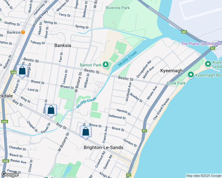 map of restaurants, bars, coffee shops, grocery stores, and more near 92A Francis Avenue in Brighton-Le-Sands