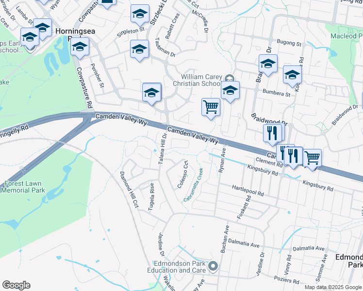 map of restaurants, bars, coffee shops, grocery stores, and more near 18 Sunday Circuit in Edmondson Park