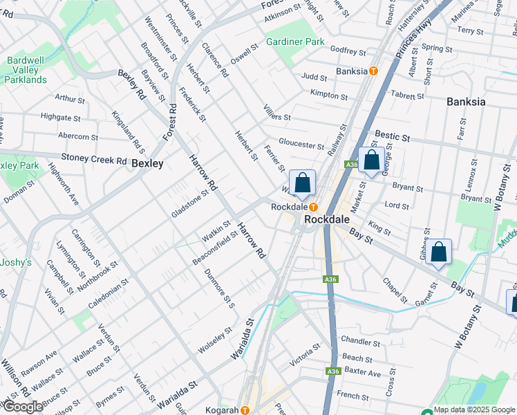 map of restaurants, bars, coffee shops, grocery stores, and more near 6 Watkin Street in Rockdale