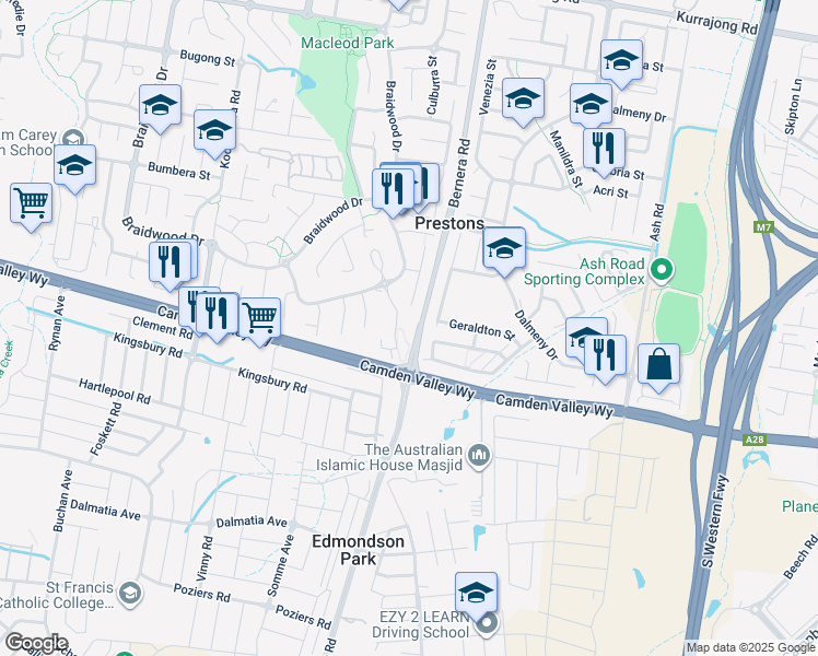 map of restaurants, bars, coffee shops, grocery stores, and more near 10-12 Yerona Street in Prestons