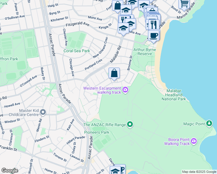 map of restaurants, bars, coffee shops, grocery stores, and more near 69 Broome Street in Maroubra