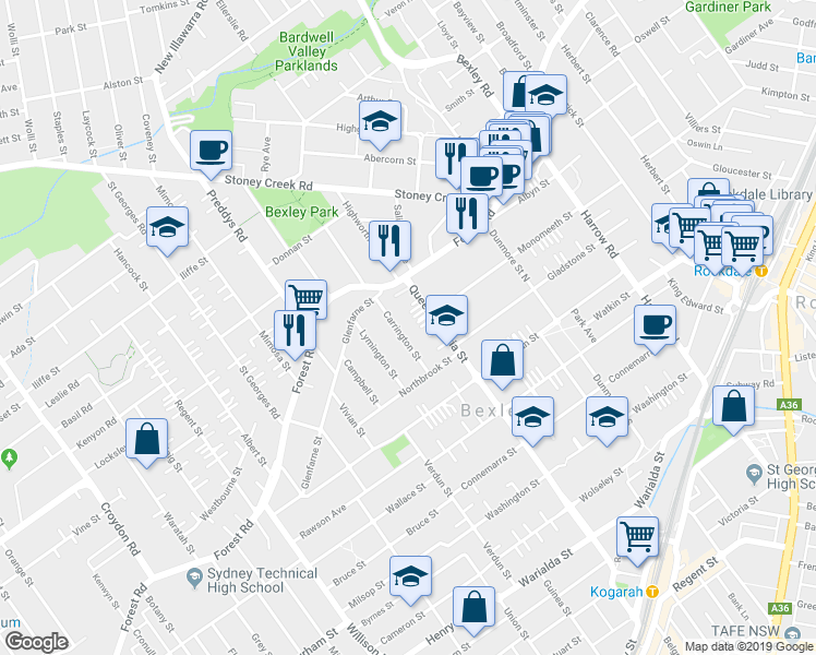 map of restaurants, bars, coffee shops, grocery stores, and more near in Bardwell Park