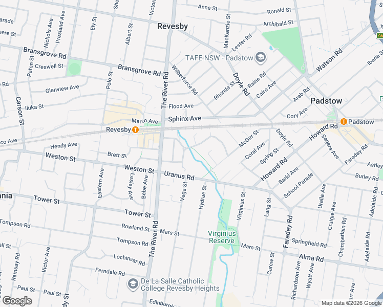 map of restaurants, bars, coffee shops, grocery stores, and more near 4A Montgomery Avenue in Revesby