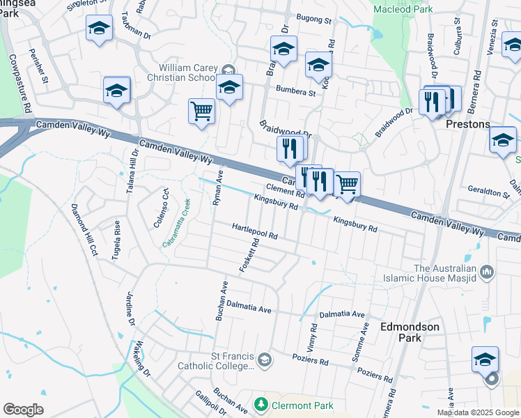 map of restaurants, bars, coffee shops, grocery stores, and more near 9 Freitas Road in Edmondson Park