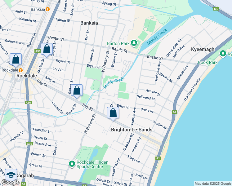map of restaurants, bars, coffee shops, grocery stores, and more near 344 West Botany Street in Brighton-Le-Sands