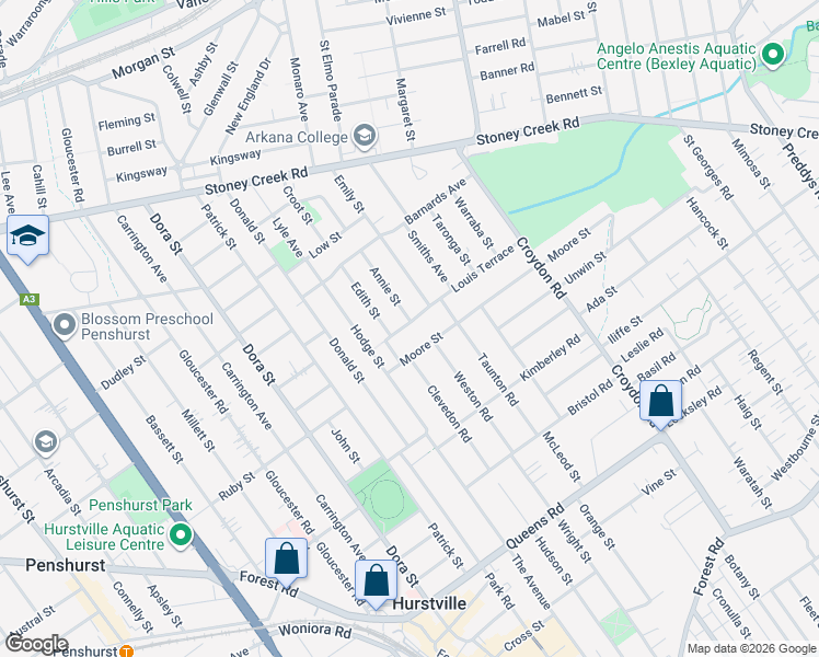 map of restaurants, bars, coffee shops, grocery stores, and more near 57 Louis Terrace in Hurstville