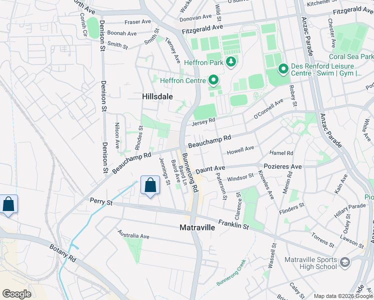 map of restaurants, bars, coffee shops, grocery stores, and more near 213 Beauchamp Road in Matraville