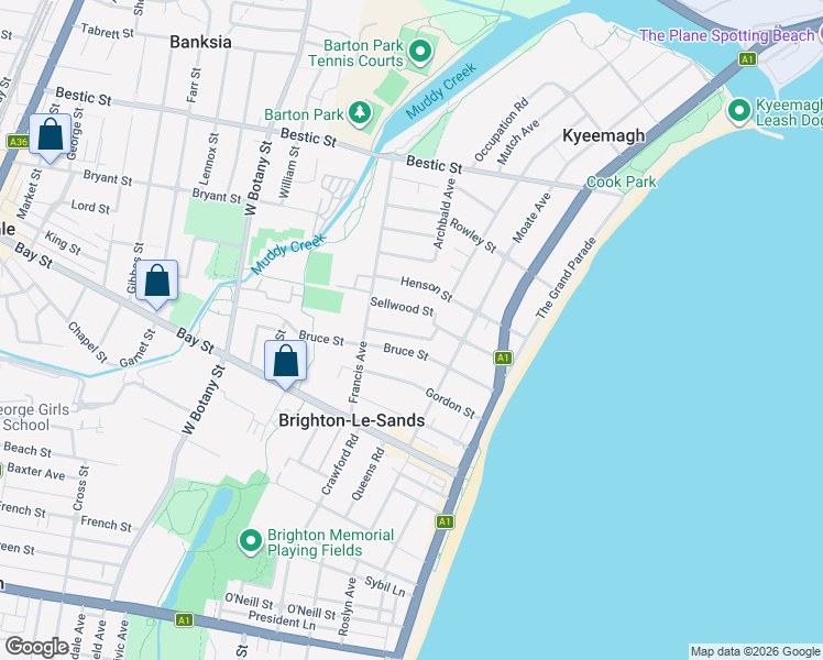 map of restaurants, bars, coffee shops, grocery stores, and more near 13 Brighton Parade in Brighton-Le-Sands