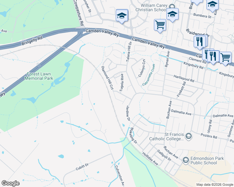 map of restaurants, bars, coffee shops, grocery stores, and more near 131 Diamond Hill Circuit in Edmondson Park