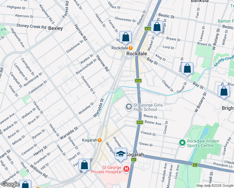 map of restaurants, bars, coffee shops, grocery stores, and more near 2 Railway Parade in Kogarah