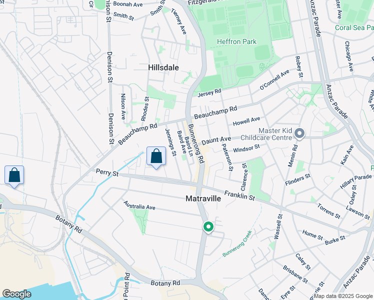 map of restaurants, bars, coffee shops, grocery stores, and more near 35 Baird Avenue in Matraville