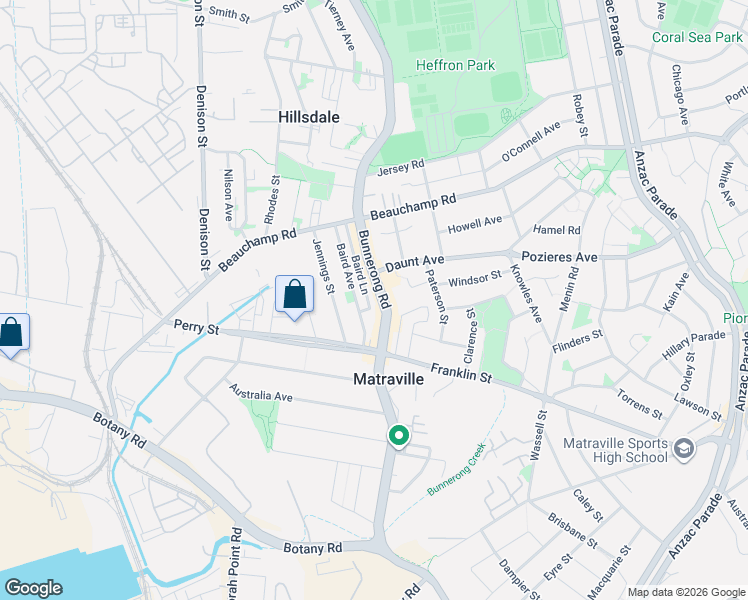 map of restaurants, bars, coffee shops, grocery stores, and more near 508 Bunnerong Road in Matraville