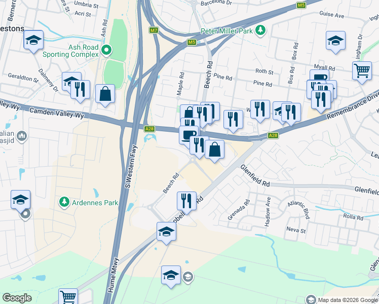 map of restaurants, bars, coffee shops, grocery stores, and more near Camden Valley Way Exit in Casula