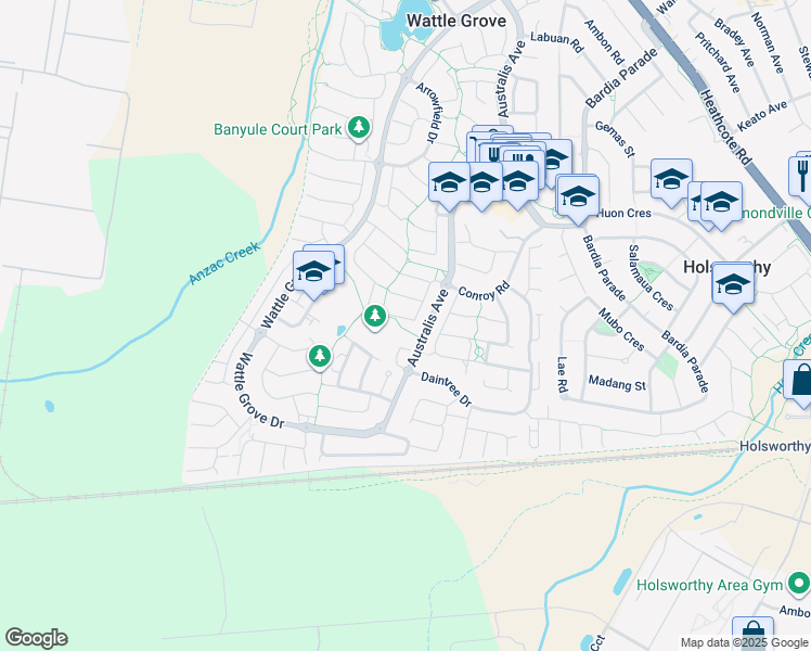 map of restaurants, bars, coffee shops, grocery stores, and more near 24 Hyde Park Court in Wattle Grove