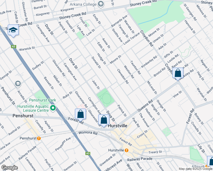 map of restaurants, bars, coffee shops, grocery stores, and more near 100 Patrick Street in Hurstville
