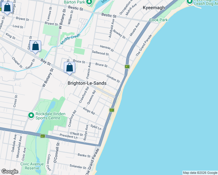 map of restaurants, bars, coffee shops, grocery stores, and more near 8 Princess Street in Brighton-Le-Sands