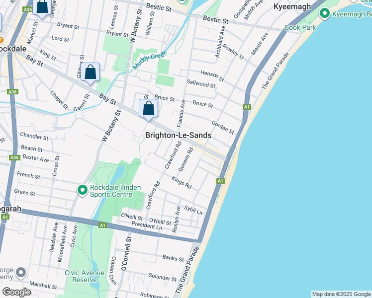 map of restaurants, bars, coffee shops, grocery stores, and more near 1 Queens Road in Brighton-Le-Sands