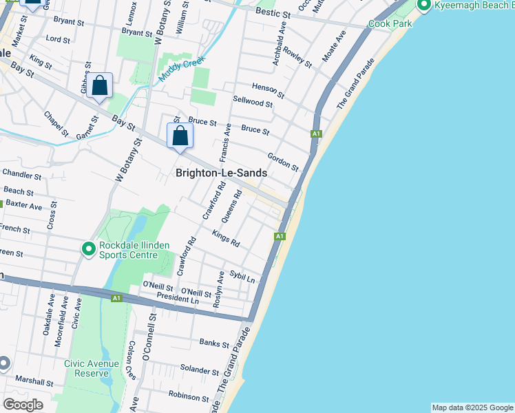 map of restaurants, bars, coffee shops, grocery stores, and more near 6 Trafalgar Street in Brighton-Le-Sands