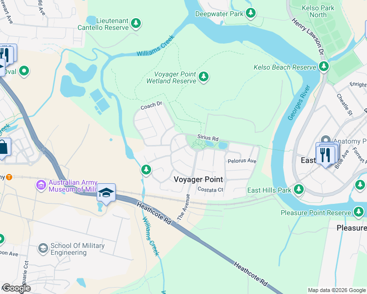 map of restaurants, bars, coffee shops, grocery stores, and more near 2 Boronia Drive in Voyager Point