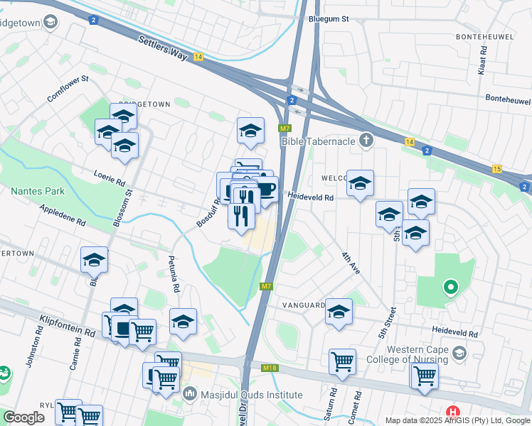 map of restaurants, bars, coffee shops, grocery stores, and more near M7 in Cape Town