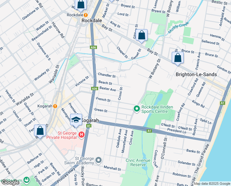 map of restaurants, bars, coffee shops, grocery stores, and more near 37 Baxter Avenue in Kogarah