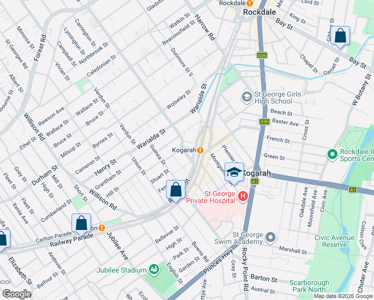 map of restaurants, bars, coffee shops, grocery stores, and more near 8 Paine Street in Kogarah