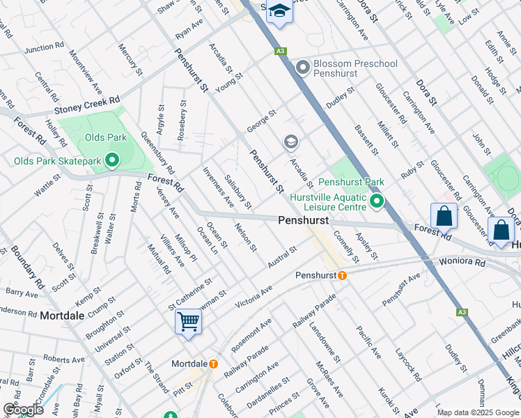 map of restaurants, bars, coffee shops, grocery stores, and more near 13 Rostrov Street in Penshurst