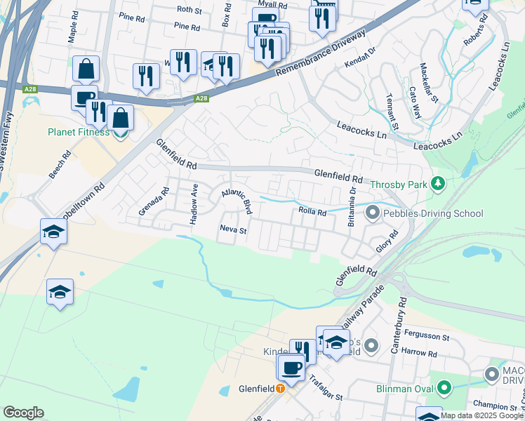 map of restaurants, bars, coffee shops, grocery stores, and more near 12 Bellona Terrace in Glenfield