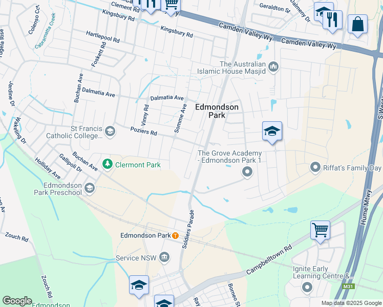 map of restaurants, bars, coffee shops, grocery stores, and more near Wonson Road in Edmondson Park