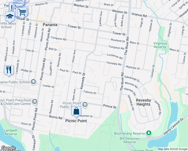 map of restaurants, bars, coffee shops, grocery stores, and more near 10 Phyllis Avenue in Picnic Point