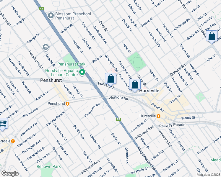 map of restaurants, bars, coffee shops, grocery stores, and more near 313 Forest Road in Hurstville