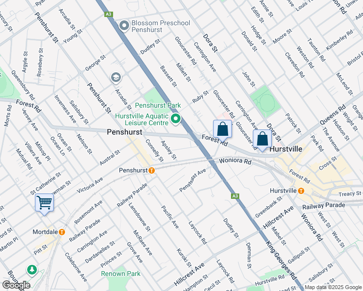 map of restaurants, bars, coffee shops, grocery stores, and more near 14 Carrington Street in Penshurst