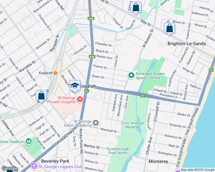 map of restaurants, bars, coffee shops, grocery stores, and more near 42 President Avenue in Kogarah