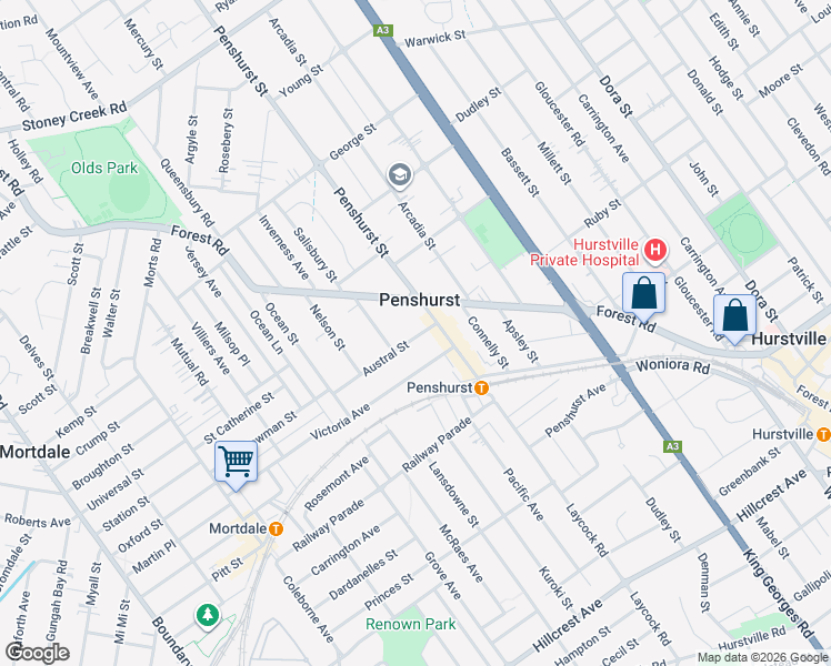 map of restaurants, bars, coffee shops, grocery stores, and more near 2 Austral Street in Penshurst