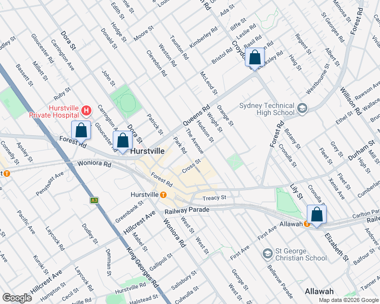 map of restaurants, bars, coffee shops, grocery stores, and more near 50 Park Road in Hurstville