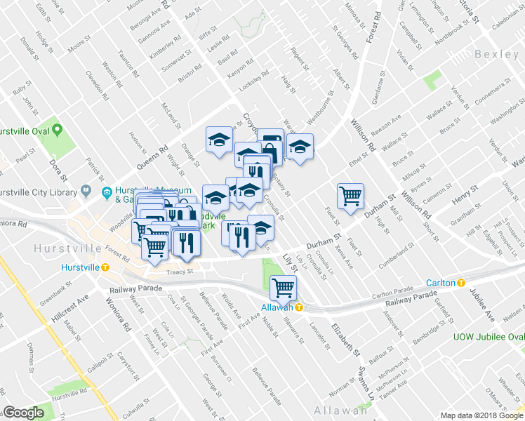 map of restaurants, bars, coffee shops, grocery stores, and more near 37 Forest Road in Hurstville