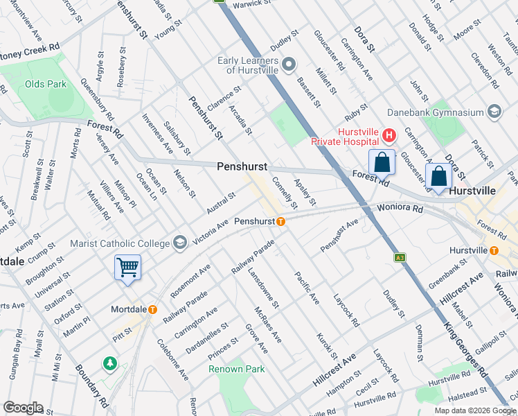 map of restaurants, bars, coffee shops, grocery stores, and more near 1 Victoria Avenue in Penshurst