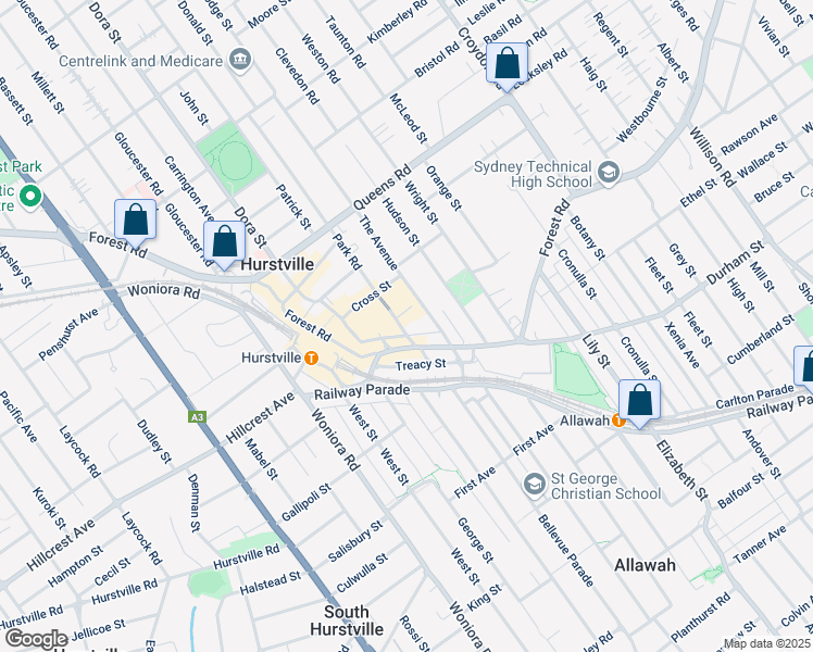 map of restaurants, bars, coffee shops, grocery stores, and more near 10 Park Road in Hurstville