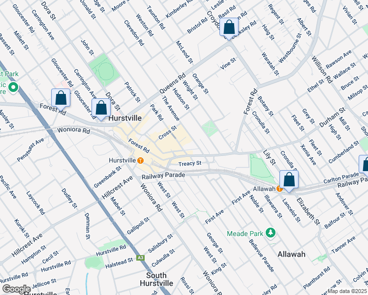 map of restaurants, bars, coffee shops, grocery stores, and more near 10 Park Road in Hurstville
