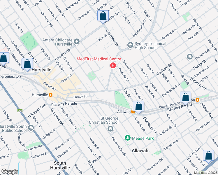 map of restaurants, bars, coffee shops, grocery stores, and more near 75 Forest Road in Hurstville