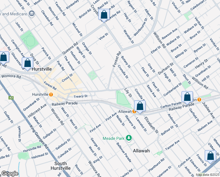 map of restaurants, bars, coffee shops, grocery stores, and more near 75 Forest Road in Hurstville