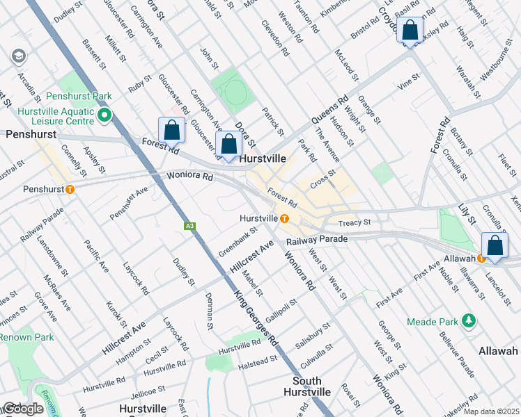 map of restaurants, bars, coffee shops, grocery stores, and more near 12 Woniora Road in Hurstville