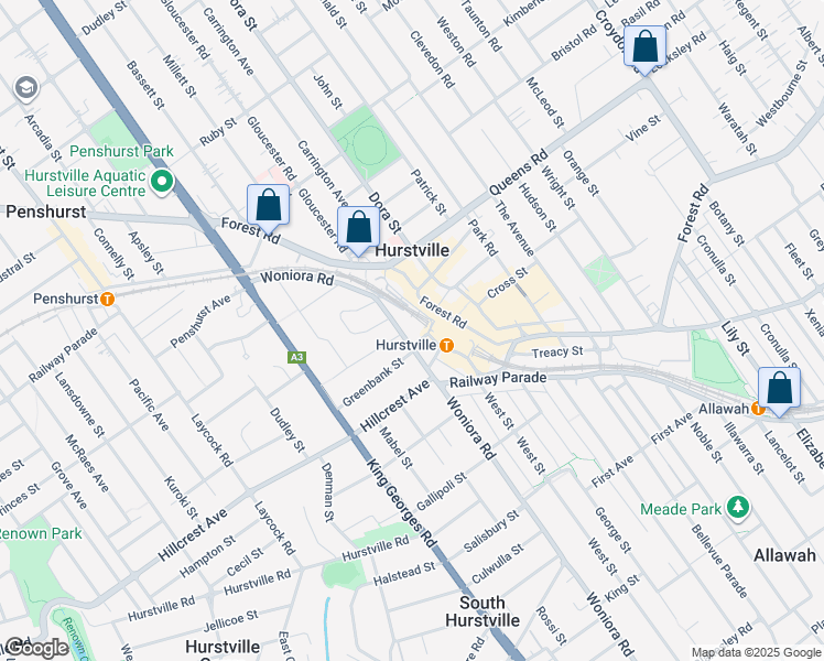 map of restaurants, bars, coffee shops, grocery stores, and more near 12 Woniora Road in Hurstville