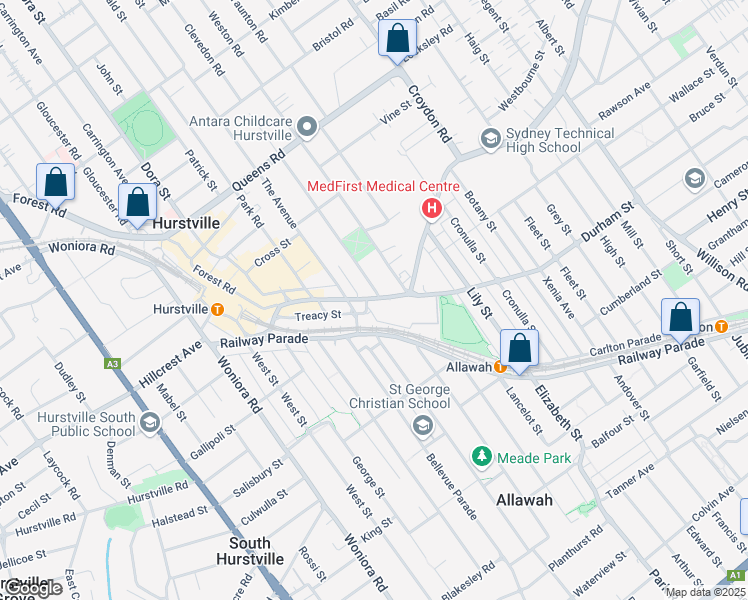 map of restaurants, bars, coffee shops, grocery stores, and more near 105 Forest Road in Hurstville
