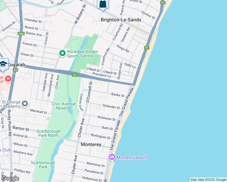 map of restaurants, bars, coffee shops, grocery stores, and more near 40 Banks Street in Monterey