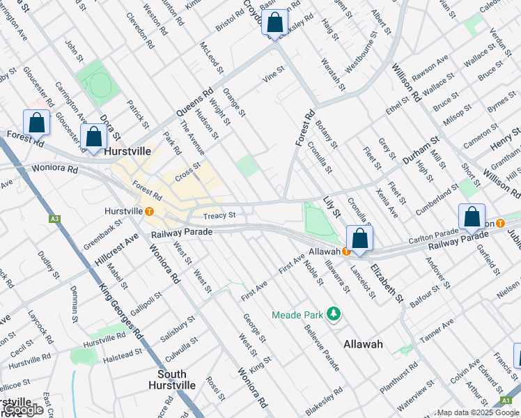 map of restaurants, bars, coffee shops, grocery stores, and more near 105 Forest Road in Hurstville